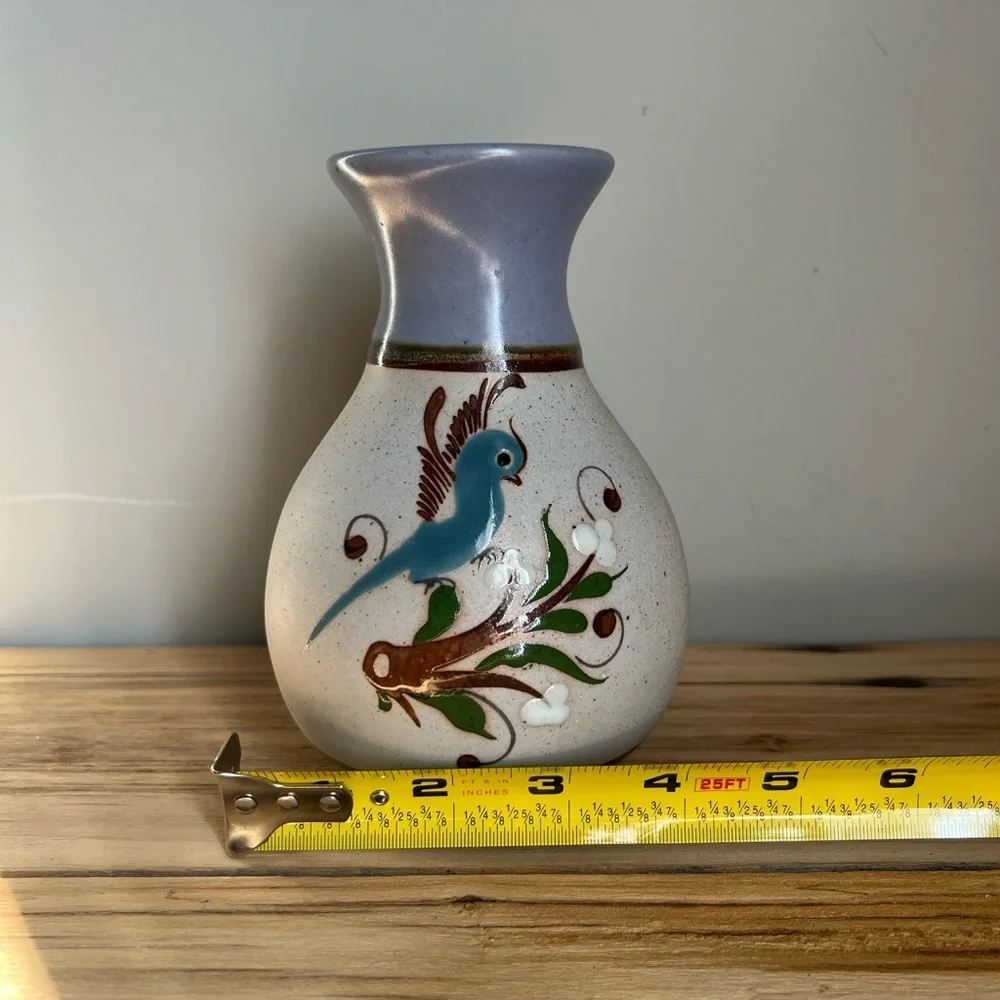 Mexican Tonala Sandstone Pottery Vase Bird Floral